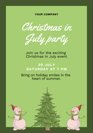 July Christmas Party Announcement with Snowmen near Tree Flyer A7デザインテンプレート