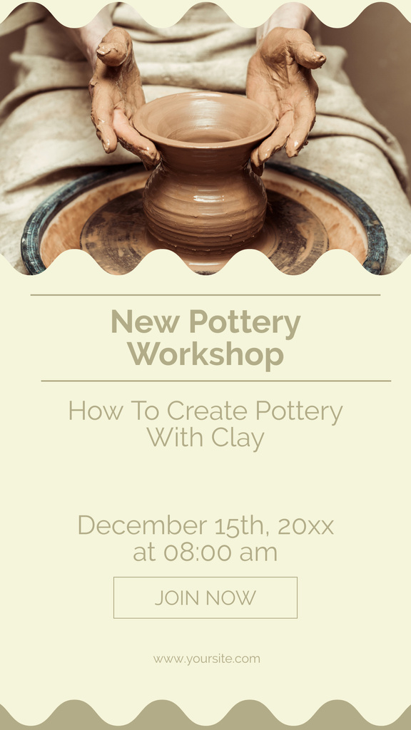 Pottery Workshop Ad with Female Hands Working on Potters Wheel Instagram Story Design Template