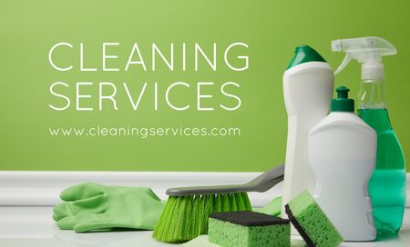 Cleaning Services Offer with Cleaning Products Business Card 91x55mm Design Template