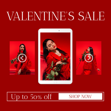 Valentin-napi eladó kollázs gyönyörű barna nővel pirosban Instagram AD tervezősablon