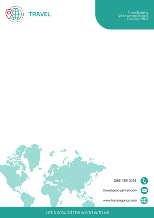 Jednoduchý dopis od cestovní kanceláře s mapou světa Letterhead Šablona návrhu