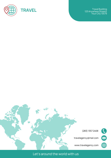Simple Letter from Travel Agency with World Map Letterhead Modelo de Design