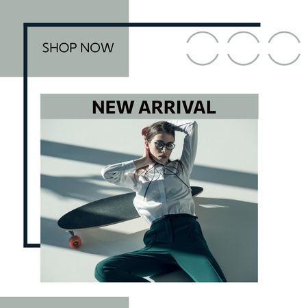 Female Teen with Scateboard for New Fashion Arrival Instagram Design Template