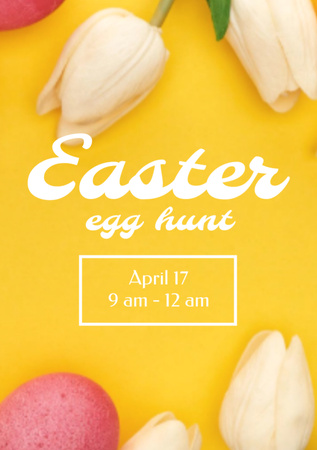 Easter Egg Hunt Announcement with Colorful Eggs and Tulips Flyer A7 Πρότυπο σχεδίασης