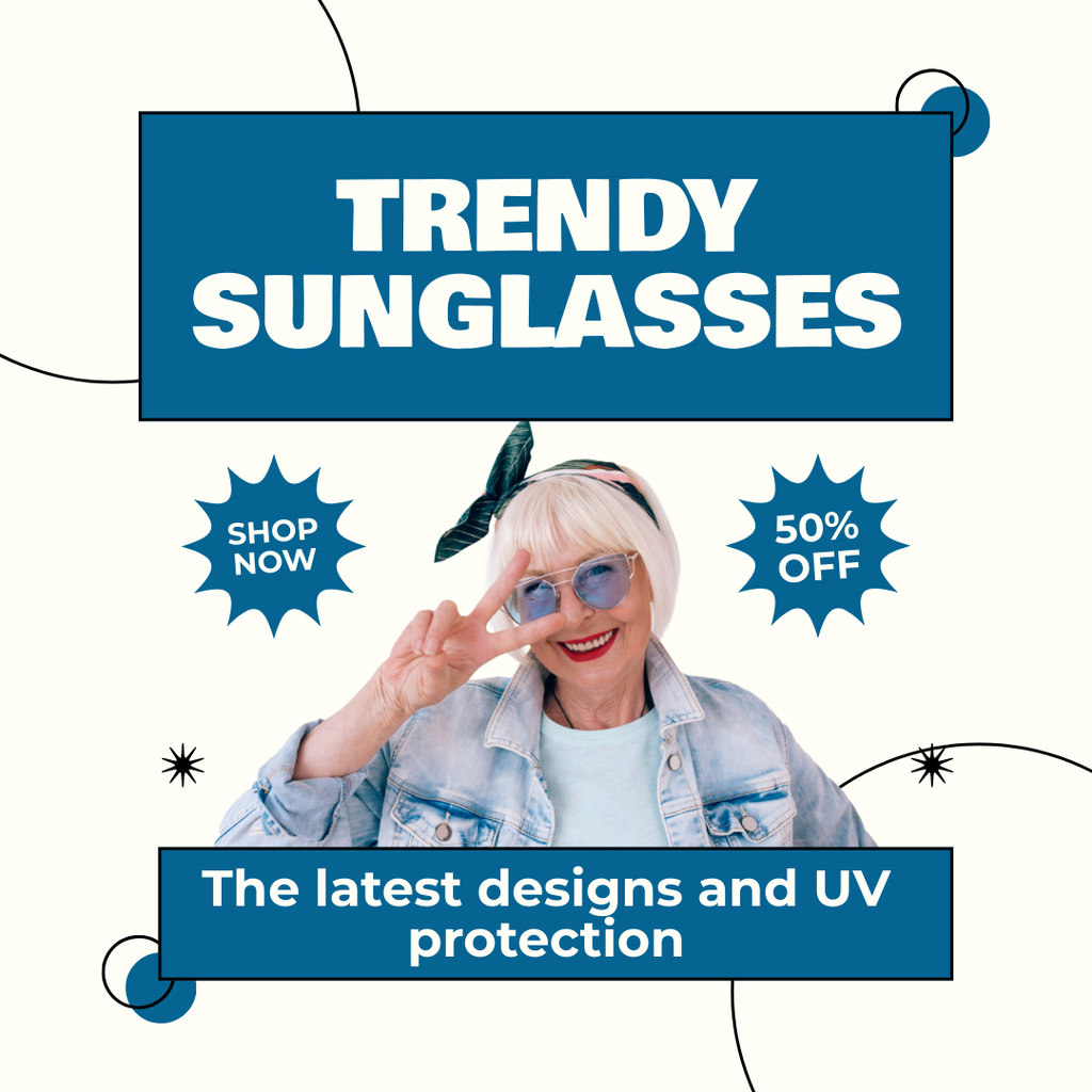 Sunglasses Discount Announcement with Cool Old Lady Instagram AD Design Template