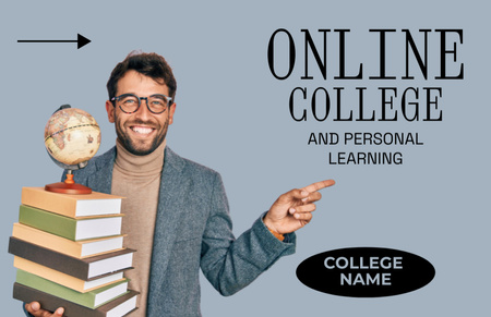 Інтернет-реклама коледжу з усміхненим чоловіком, який тримає книги Business Card 85x55mm – шаблон для дизайну