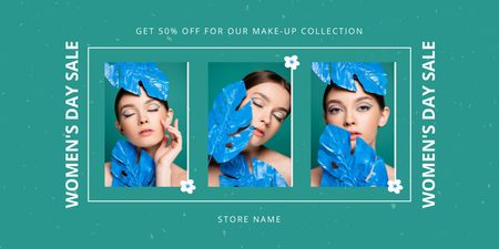 Naistenpäivän alennusilmoitus, jossa nainen poseeraa sinisen lehden kanssa Twitter Design Template