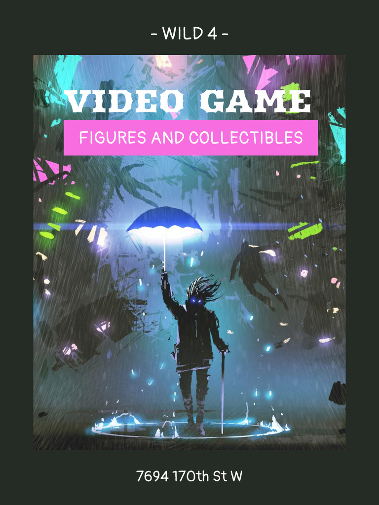 Designvorlage Video Game Figures Ad with Character holding Umbrella für Poster US