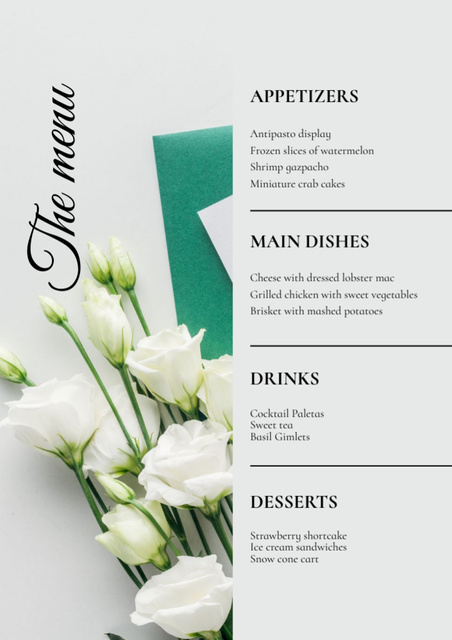 Green and Grey Wedding Dishes List on Flowers Menu Modelo de Design