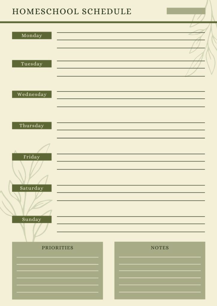 Homeschool Schedule with Leaves Illustration Schedule Planner Tasarım Şablonu