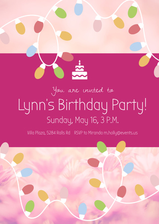 Birthday Party Announcement with Garland Frame in Pink Flayer Design Template