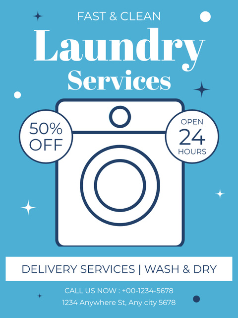 Offer Discounts on Laundry Service with Illustration of Washing Machine Poster US Πρότυπο σχεδίασης