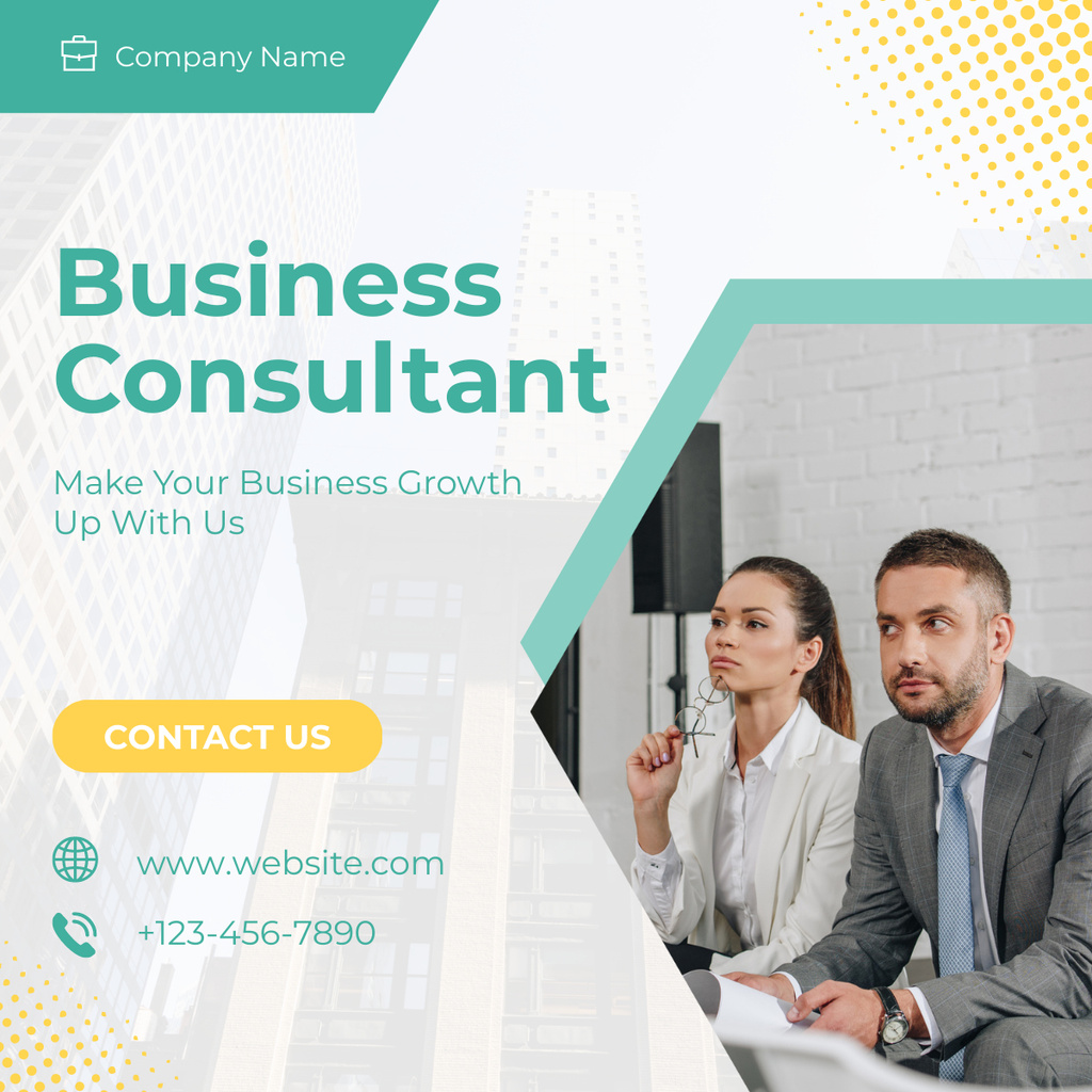 Services of Business Consultant with Man and Woman LinkedIn post tervezősablon