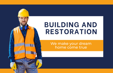 Plantilla de diseño de Dream Home Building and Restoration Blue and Orange Business Card 85x55mm 
