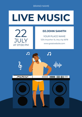 Designvorlage Ankündigung eines Live-Musikkonzerts mit DJ auf Blue für Poster
