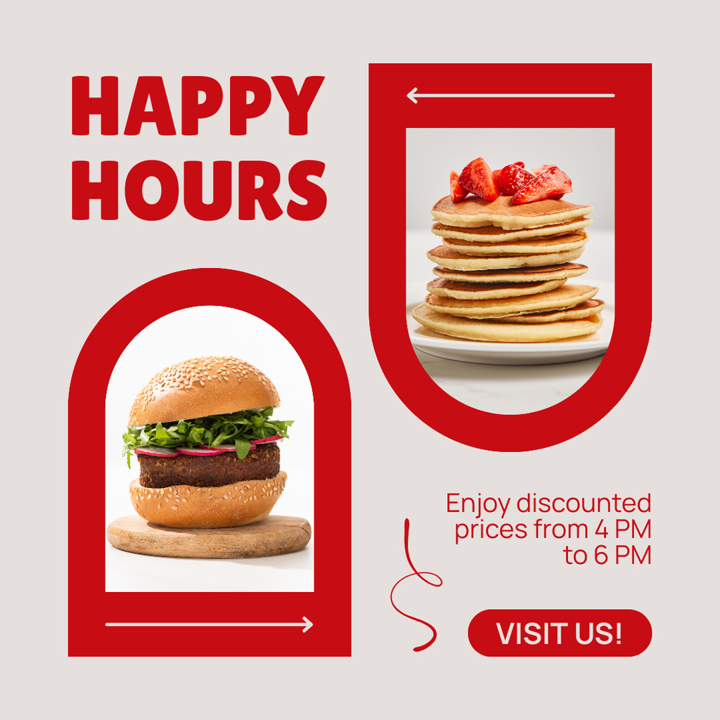 Happy Hours Ad with Burger and Pancakes Instagram ADデザインテンプレート