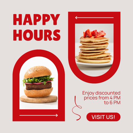 Happy Hours -mainos hampurilaisilla ja pannukakkuilla Instagram AD Design Template
