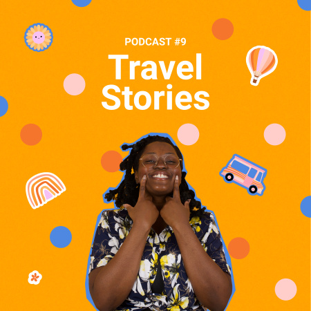 Travel Podcast Topic Announcement with Smiling Woman Podcast Cover Modelo de Design