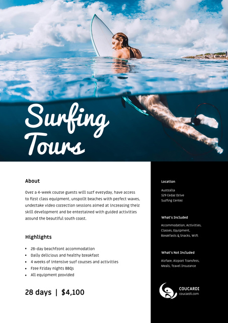 Surfing Tours Ad with Girl on Surfboard Poster Design Template