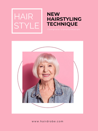 笑顔の老婦人が登場する新しいヘアスタイリング技術の広告 Poster USデザインテンプレート