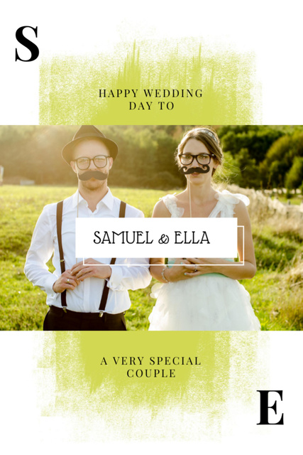 Ontwerpsjabloon van Postcard 4x6in Vertical van Wedding Wishes with  Newlyweds in Mustache Masks