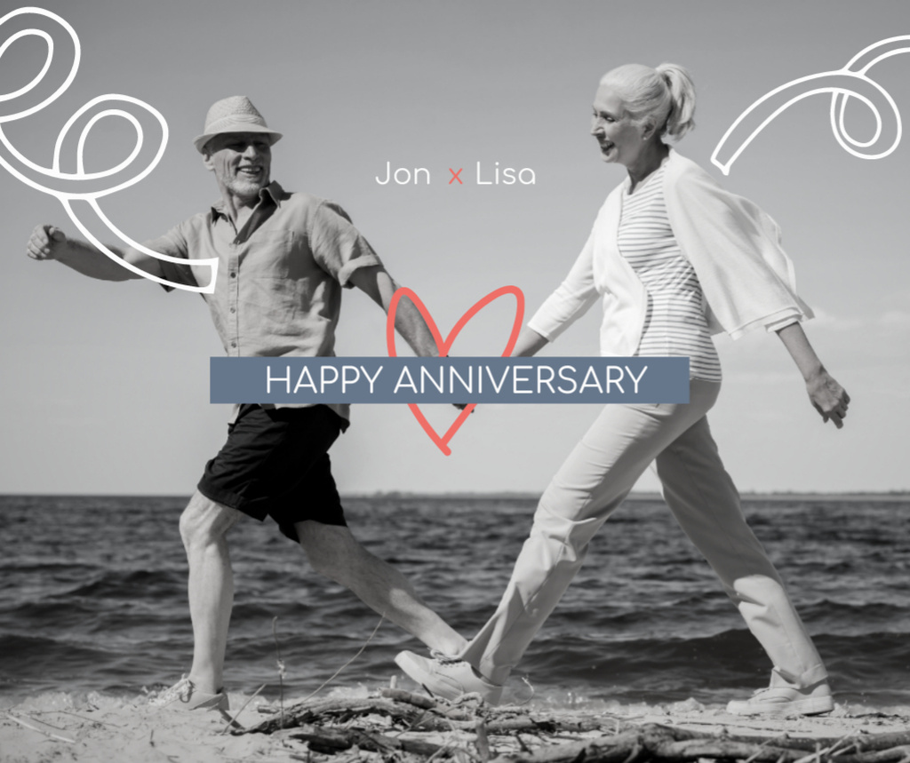 Ontwerpsjabloon van Facebook van Happy Anniversary Greetings Elderly Couple on Beach