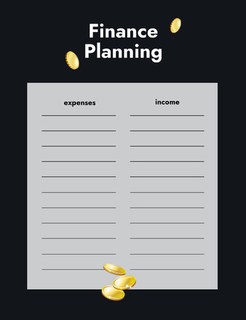 Finance Planner With Coins on Black Notepad 107x139mm Design Template
