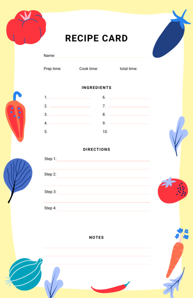 Vegetables and Fruits Illustrations Recipe Card Tasarım Şablonu