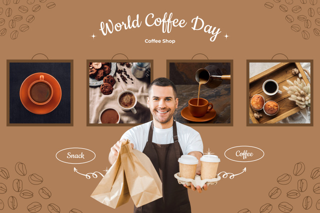 Wishing Great World Coffee Day With Espresso And Snacks Mood Board Design Template