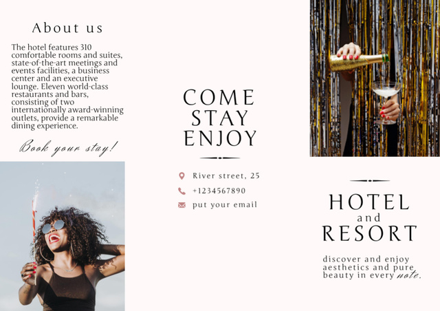 Young Woman Drinks Champagne at Summer Resort Brochure Design Template