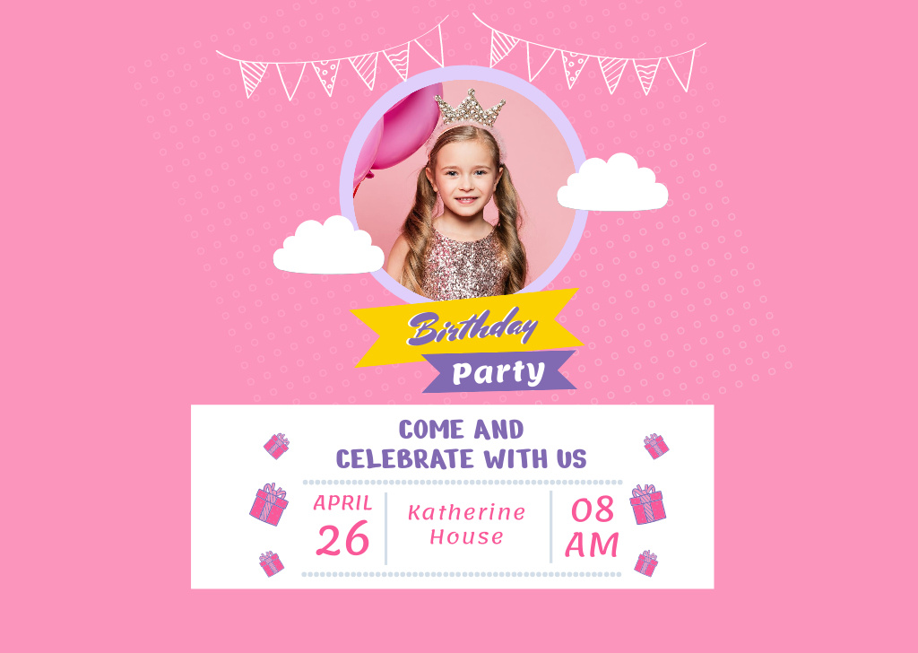 Birthday Party Invitation with Cute Little Princess on Pink Flyer A6 Horizontal Design Template