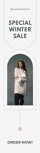 Winter Special Sale Announcement with Woman in White Sweater Skyscraper tervezősablon