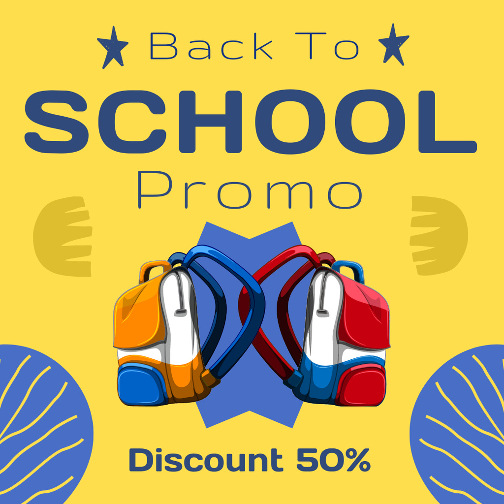 Designvorlage Promo Discount School Backpacks on Yellow für Instagram