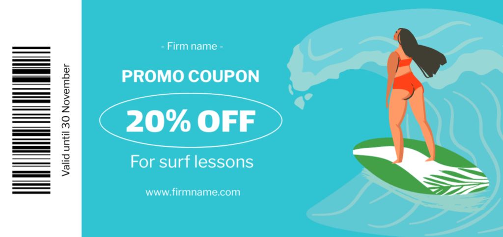 Designvorlage Surfing Lessons Offer with Illustration of Woman on Surfboard für Coupon Din Large