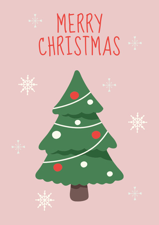 Merry Christmas Greetings with Cute Cartoon Christmas Tree Poster A3 Design Template