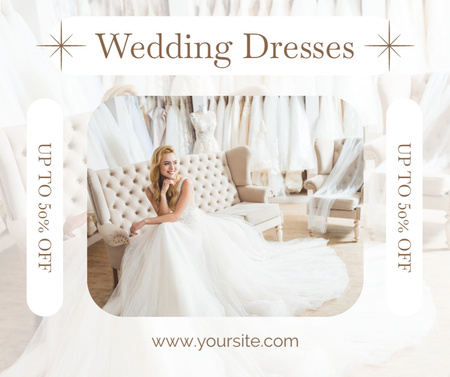 Anúncio de salão de casamento com jovem noiva em vestido de tule branco Facebook Modelo de Design