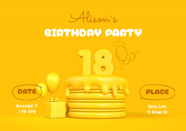 Birthday Party Invitation with 3d Yellow Festive Cake Flyer A5 Horizontal Design Template