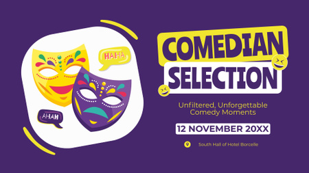Anúncio de evento de seleção de comediantes com máscaras teatrais FB event cover Modelo de Design