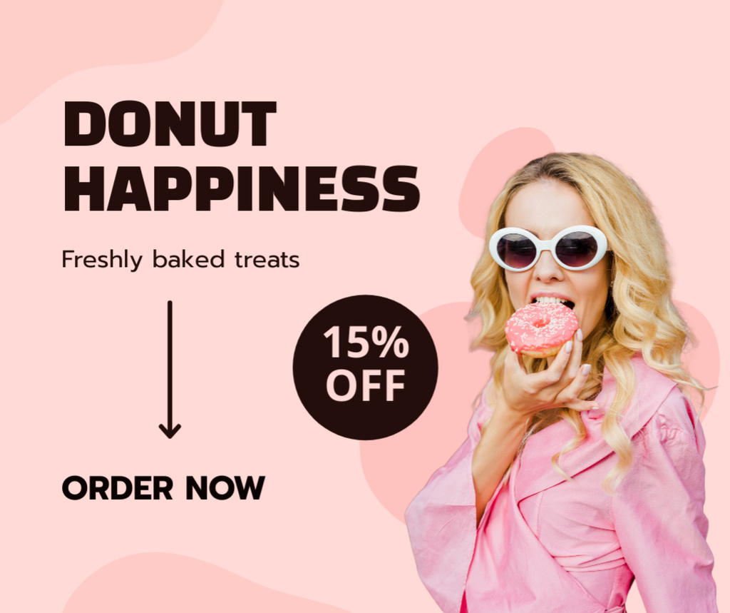Discount in Doughnut Shop Ad with Young Woman Facebook Modelo de Design