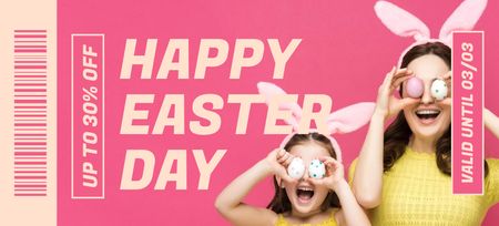 Plantilla de diseño de Promoción de Pascua con feliz madre e hija en orejas de conejo con huevos de Pascua Coupon 3.75x8.25in 