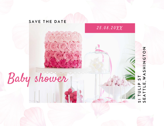 Ontwerpsjabloon van Invitation 13.9x10.7cm Horizontal van Baby Shower Announcement With Pink Cakes
