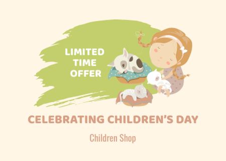Ontwerpsjabloon van Card van Children's Day Offer with Little Girl Sleeping with Animals