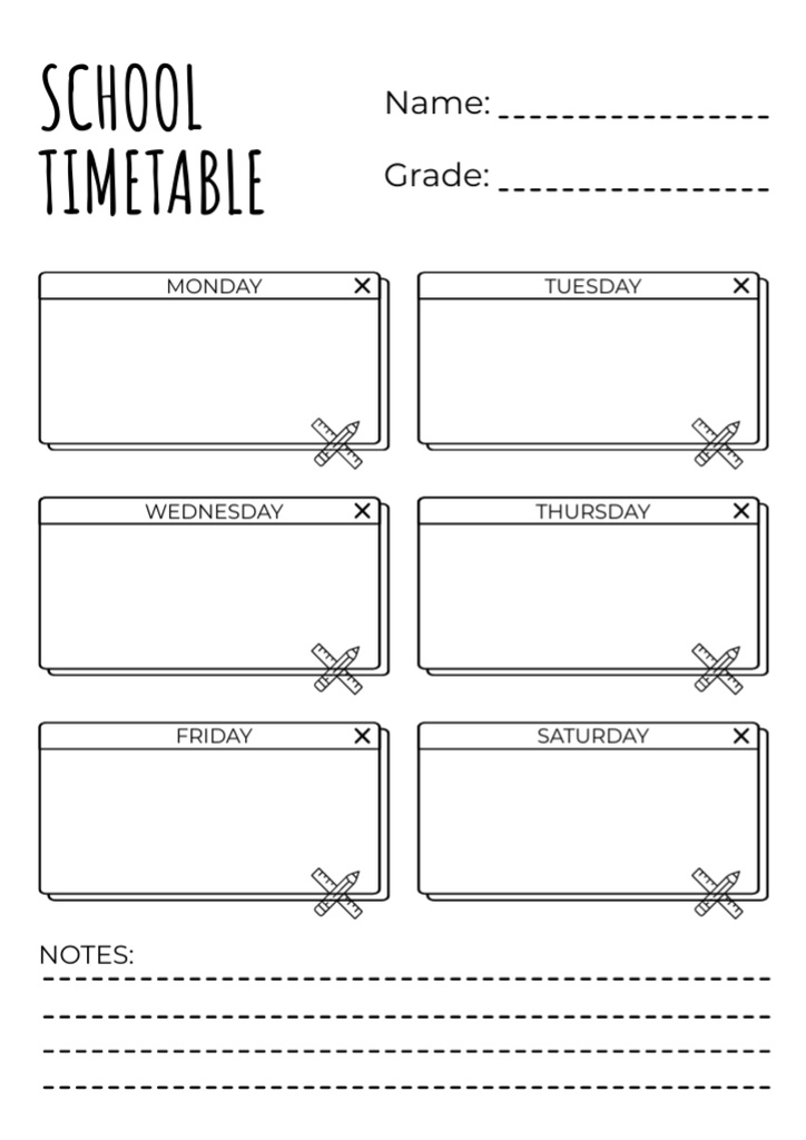 School Timetable with Space for Notes Schedule Planner Modelo de Design
