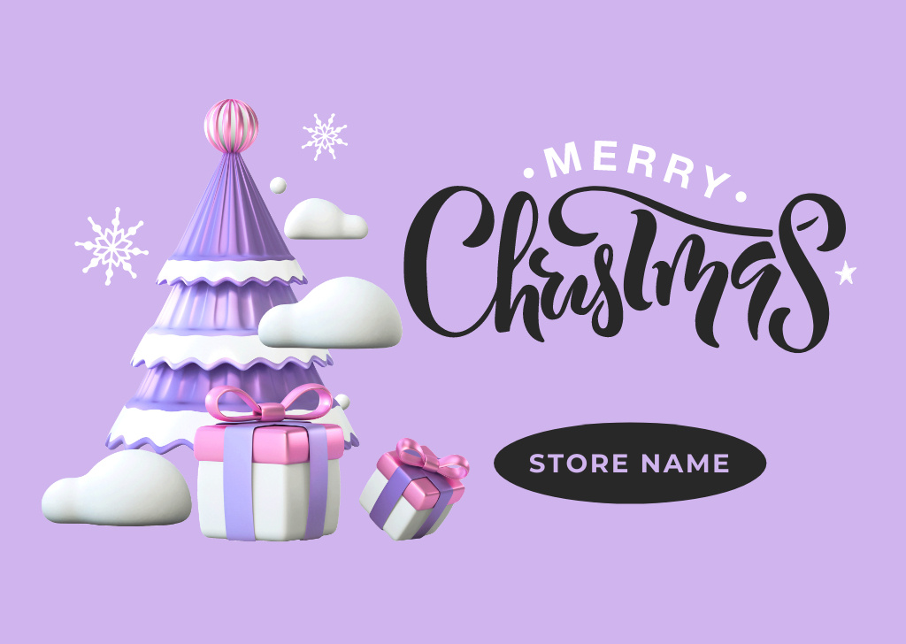 Christmas Cheers with Tree and Festive Presents in Violet Postcard Šablona návrhu