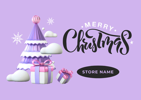 Christmas Cheers with Tree and Presents in Violet Postcard Design Template