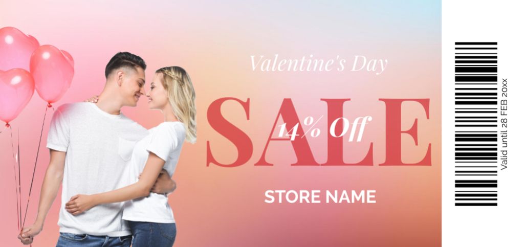 Valentine's Sale Voucher with Couple Celebrating Holiday Coupon Din Large Šablona návrhu