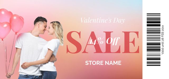 Valentine's Sale Voucher with Couple Celebrating Holiday Coupon Din Large Šablona návrhu