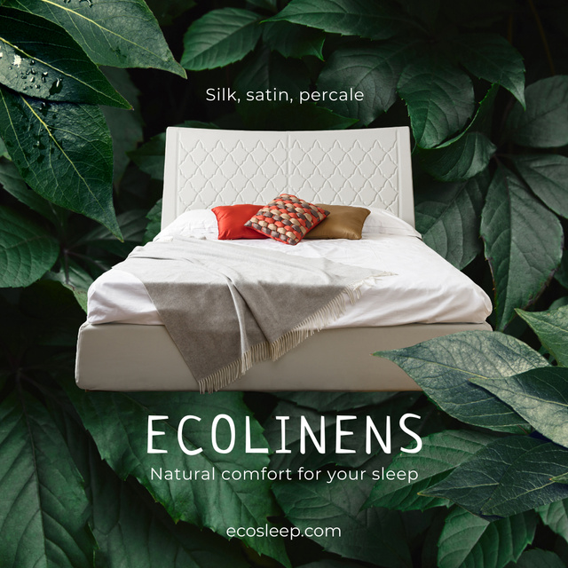 Designvorlage Ecological Textiles Ad with Bed in Leaves für Instagram