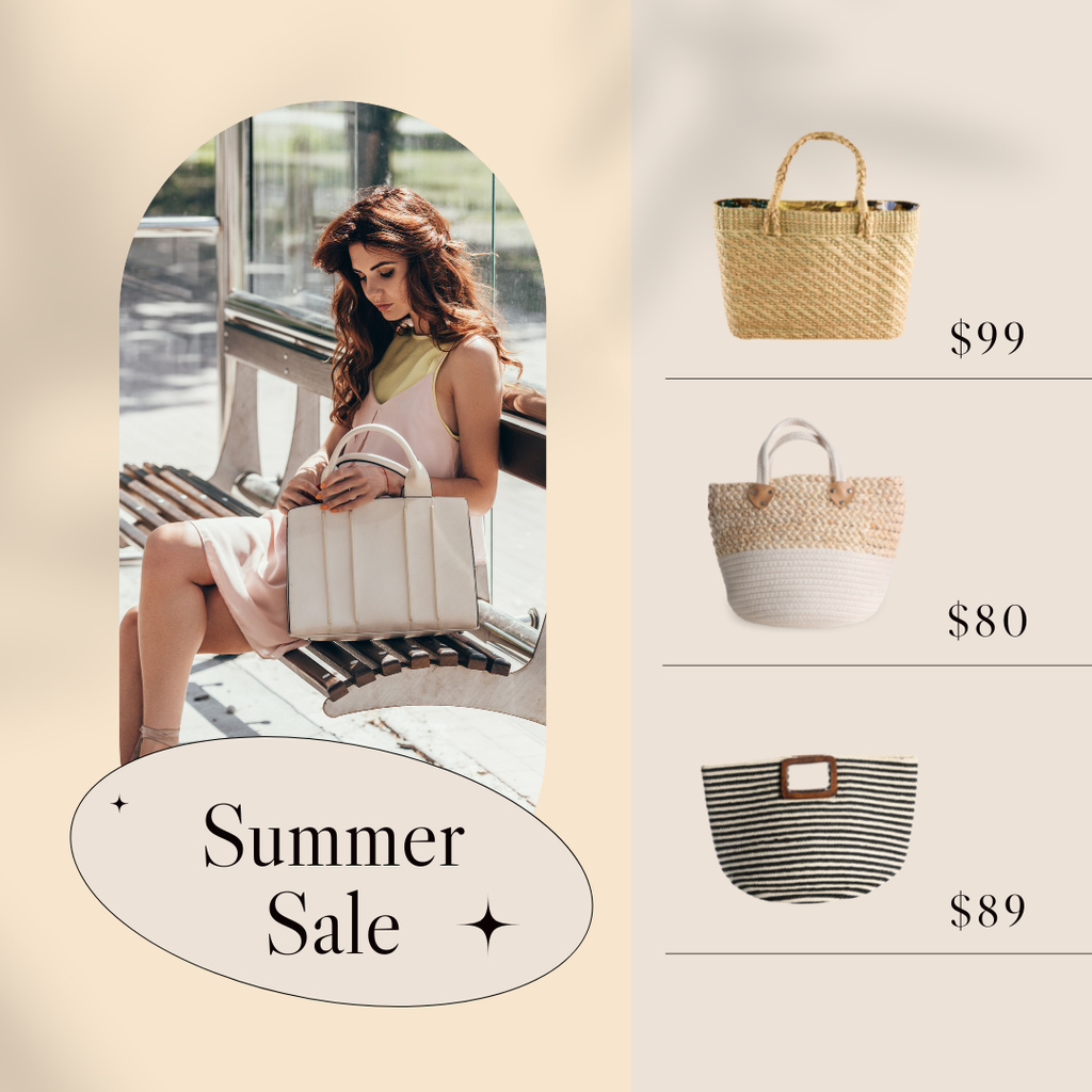 Romantic Lady Sitting at Bus Stop for Summer Bags Sale Anouncement  Instagram Design Template