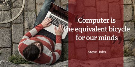 Motivational quote with young man using laptop Image Modelo de Design